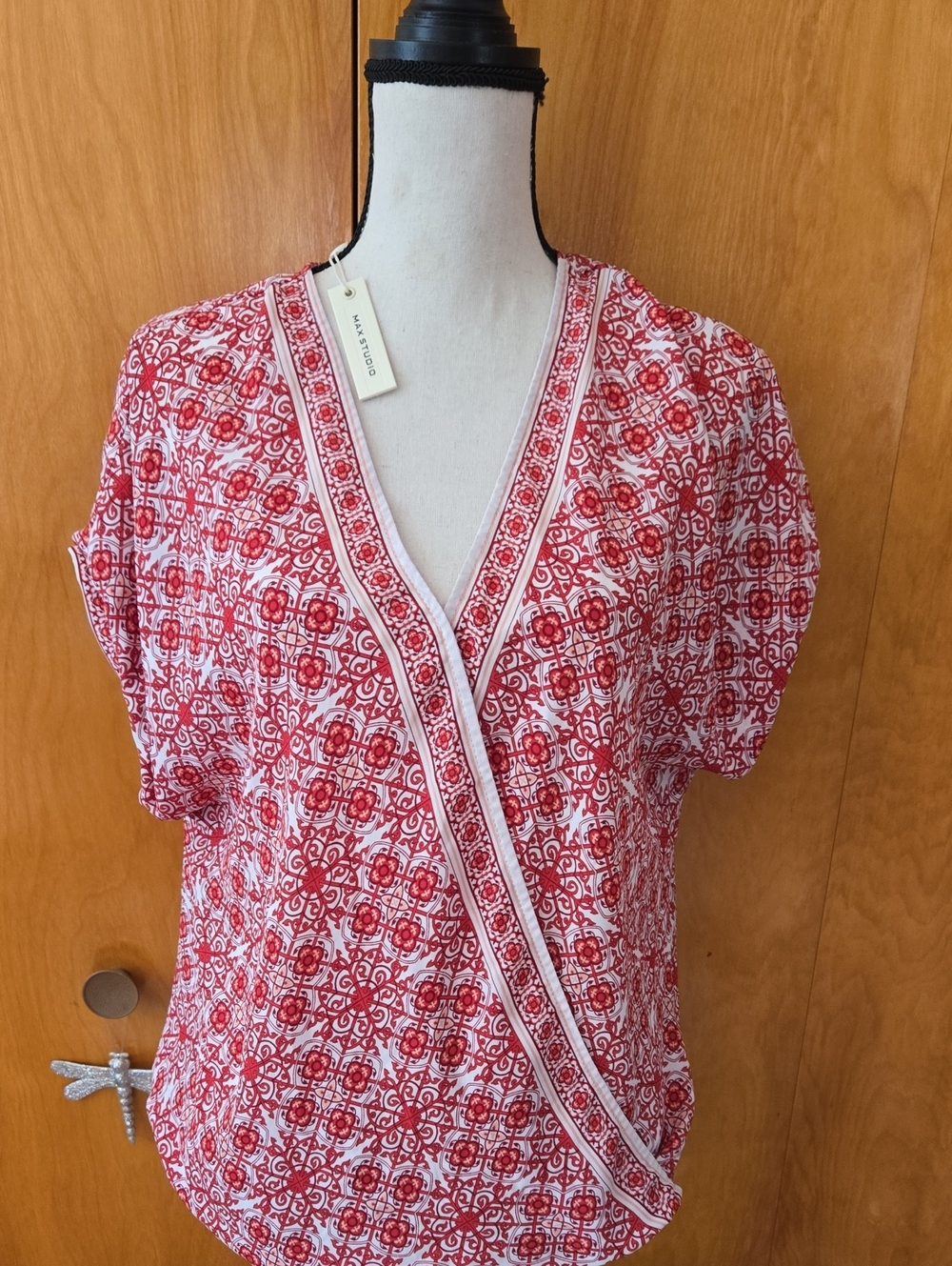 Red & White Printed V-Neck Wrap Top